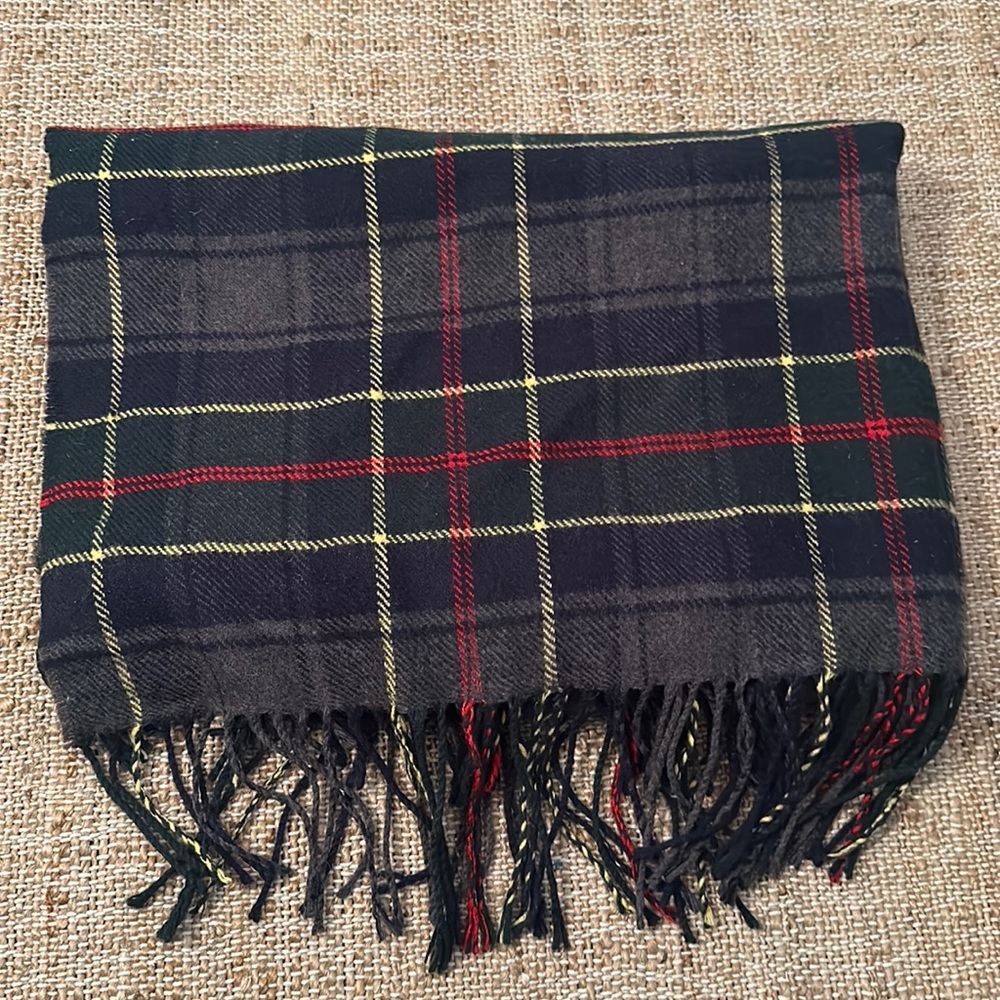Barbour Dark Navy Plaid Fringe Scarf with Red & Yellow Windowpane